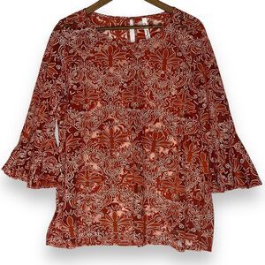 NY Collection Burnout Semi Sheer Blouse Bell Sleeve Floral Damask Orange Plus 2X